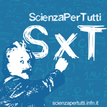L'immagine rappresenta il logo di ScienzaPerTutti: disegno di Albert Einstein scrive SxT