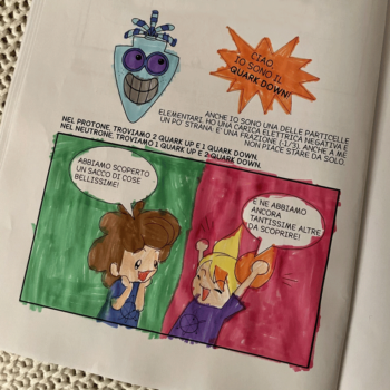 L'immagine rappresenta la pagina di un fumetto colorato da un bambino. nel fumetto due bambini sono entusiasti di aver appena scoperto l'esistenza di tante nuove particelle.