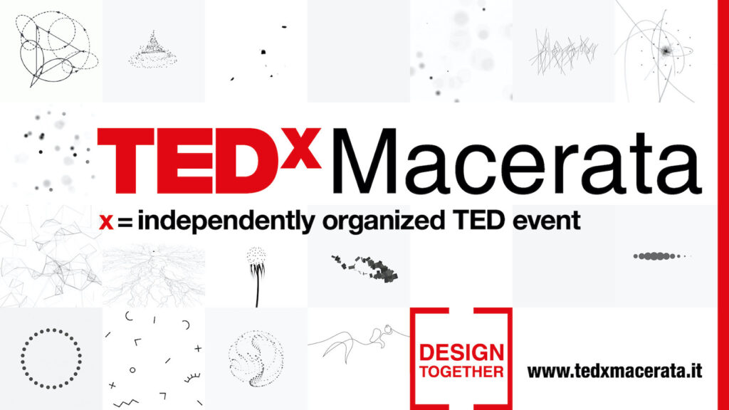 Locandina del TEDxMacerata 2021 con il titolo dell'evento e il tema: "Design together"