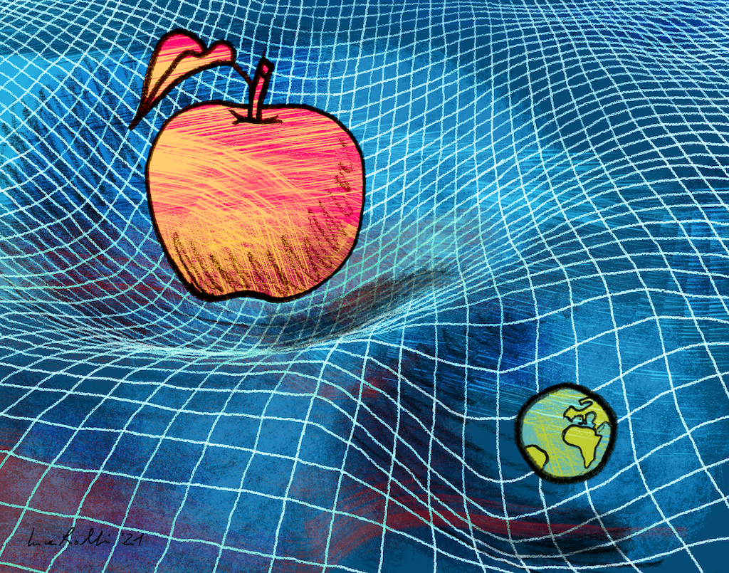 Una mela e il pianeta Terra, di quasi quattro volte più piccolo, incurvano lo spazio-tempo