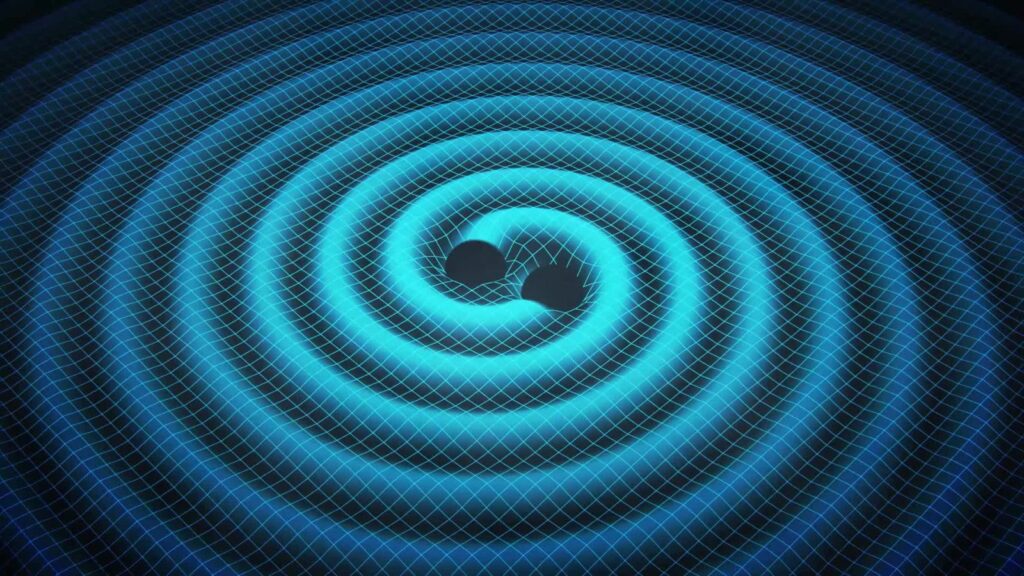 Rappresentazione artistica di un’onda gravitazionale. In questo esempio lo spazio-tempo è perturbato dal moto di due buchi neri ruotanti uno attorno all’altro