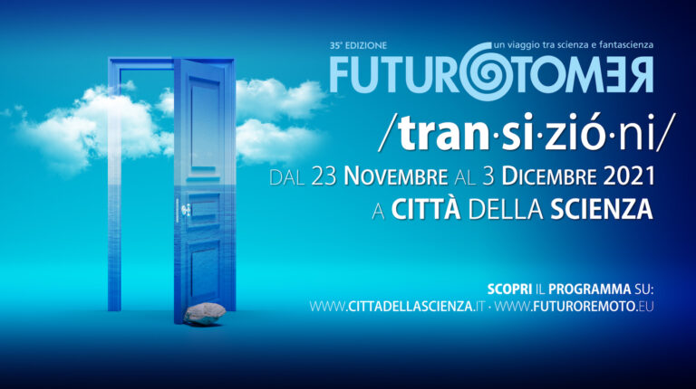 immagine del festival Futuro Remoto 2021 a tema Transizioni, con una porta aperta attraversata da nuvole