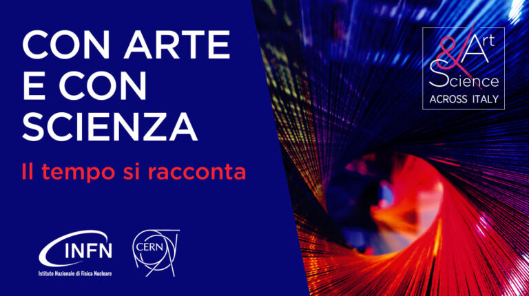 immagine dell'evento Con arte e con scienza, per metà blu scuro e per metà occupata da una delle opere del concorso fatta di fili colorati