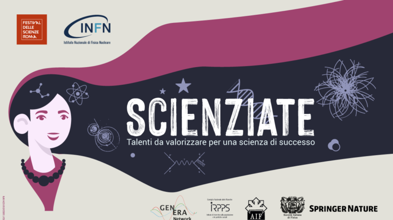 Scienziate - locandina dell'evento raffigurante una donna stilizzata con i capelli scuri e vari simboli di campi diversi della scienza
