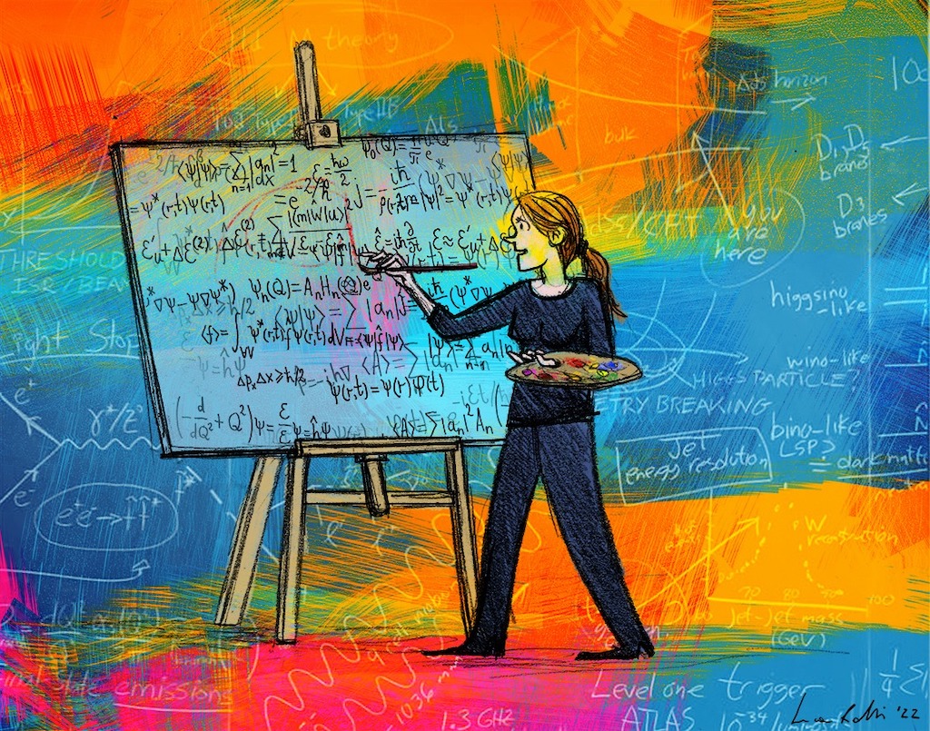 Una donna che dipinge su una tela su cui sono scritte delle formule matematiche
