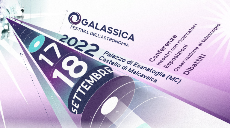 immagine dell'evento Galassica festival dell'astronomia, rappresentante un cono di un telescopio stilizzato in viola e verde con le date della manifestazione
