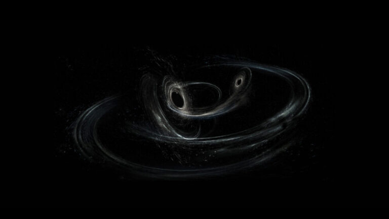 Immagine artistica di due buchi neri che ruotano uno intorno all'altro formando onde gravitazionali