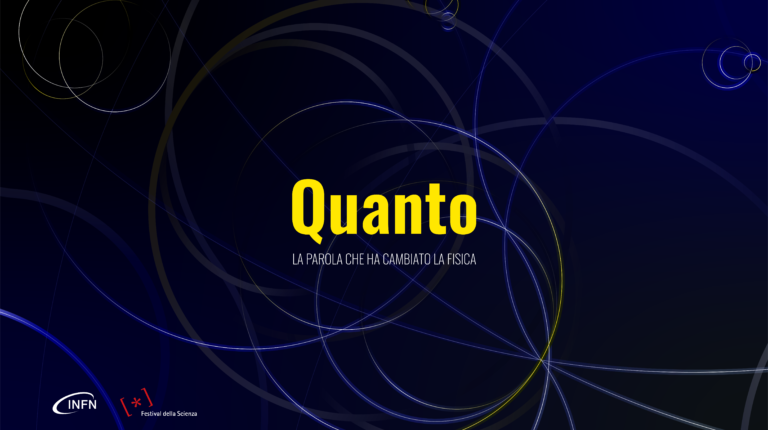 locandina dell'evento Quanto, con il titolo in giallo su fondo blu con cerchi astratti in bianco e giallo