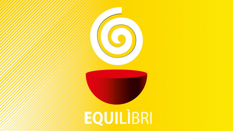 Immagine del festival Futuro Remoto con il logo, una spirale bianca, una ciotola rossa, e il tema dell'edizione Equilibri, su fondo giallo e bianco a righe