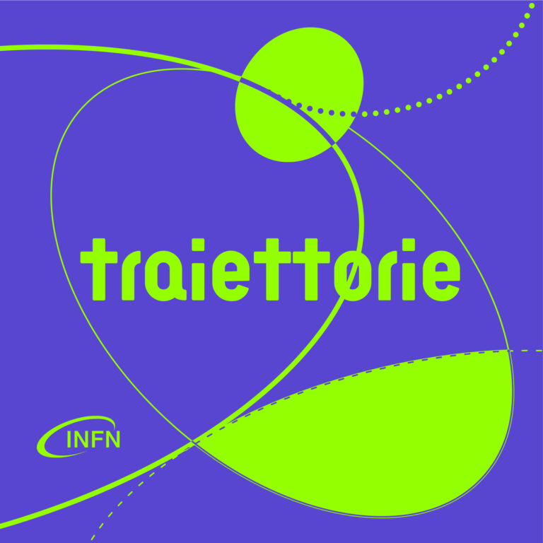 Copertina podcast Traiettorie. I mestieri della fisica. Sfondo viola e traiettorie verdi
