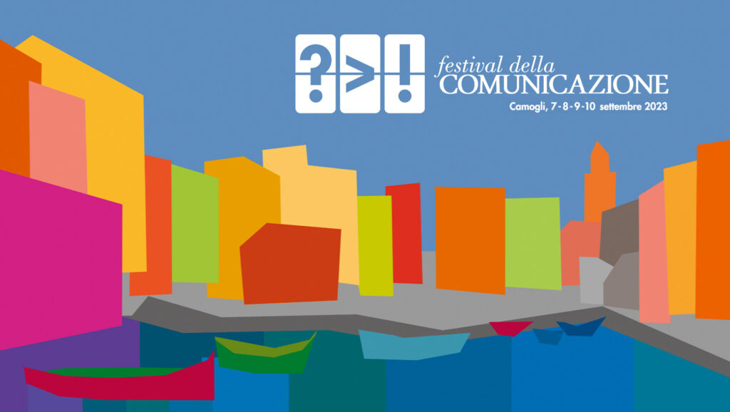 Immagine del Festival della Comunicazione di Camogli 2023 rappresentante una città sul mare disegnata con blocchi di colore