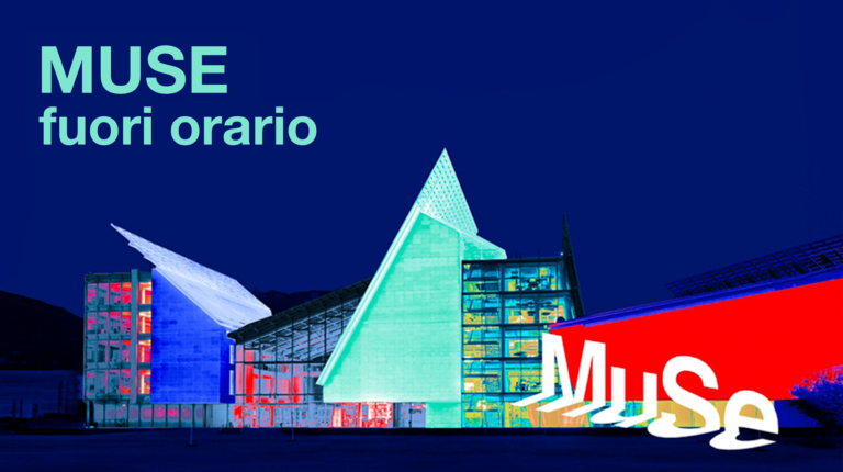 locandina del MUSE fuori orario, sagoma colorata del museo