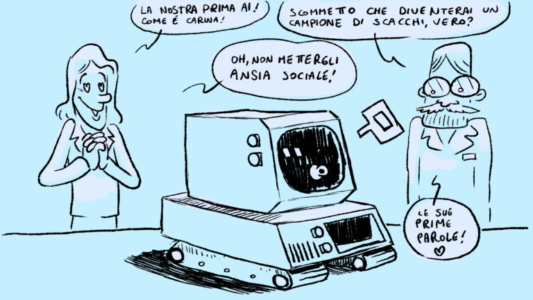 Due persone guardano con amore un computer con un'intelligenza artificiale e immaginano quanto sarà brava a giocare a scacchi da grande come fosse i suoi genitori. Fumetto realizzato da Marco Leombruni, BecomingX collective