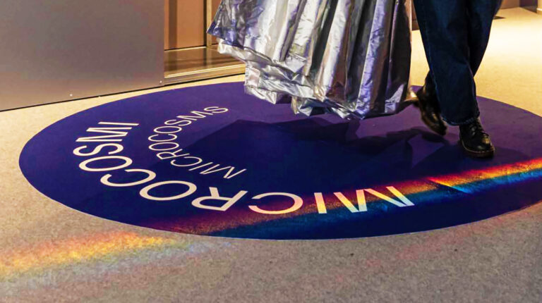 Foto dell'enetrata della sala Microcosmi della mostra "Quanto. La rivoluzione in un salto". Un arcobaleno colorato spunta sotto una tenda argentata