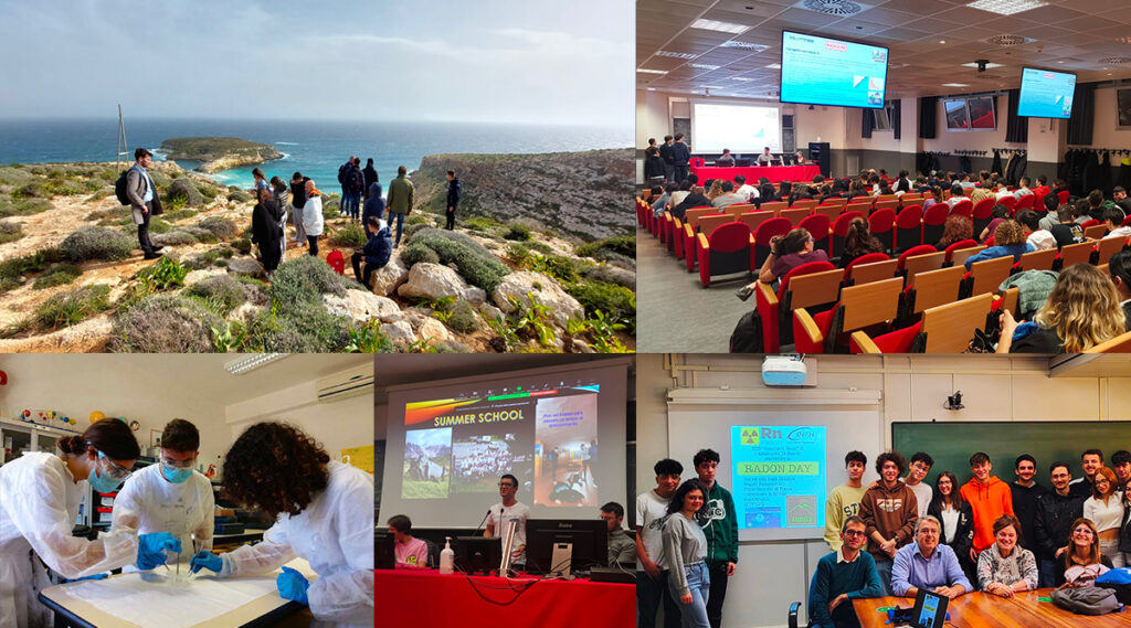 Collage di foto di studenti e studentesse riuniti per il Radon Day in diverse sedi