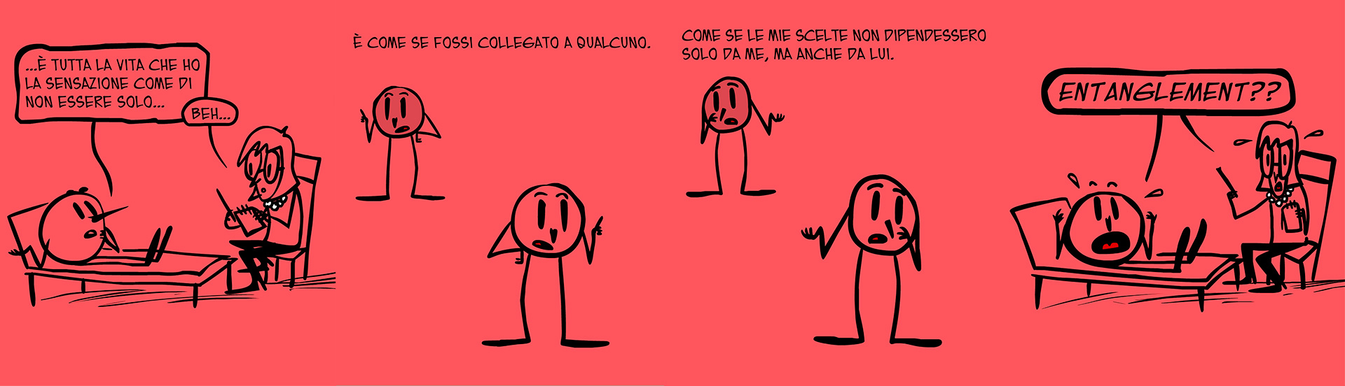 Striscia a fumetti realizzata da Luca Ralli sull'entanglement