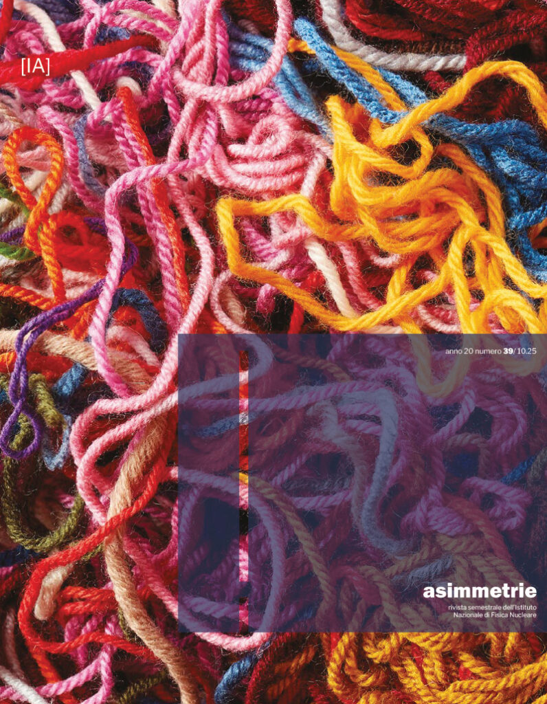 copertina del numero 39 di Asimmetrie, sull'intelligenza artificiale. Raffigura un groviglio di fili di lana.