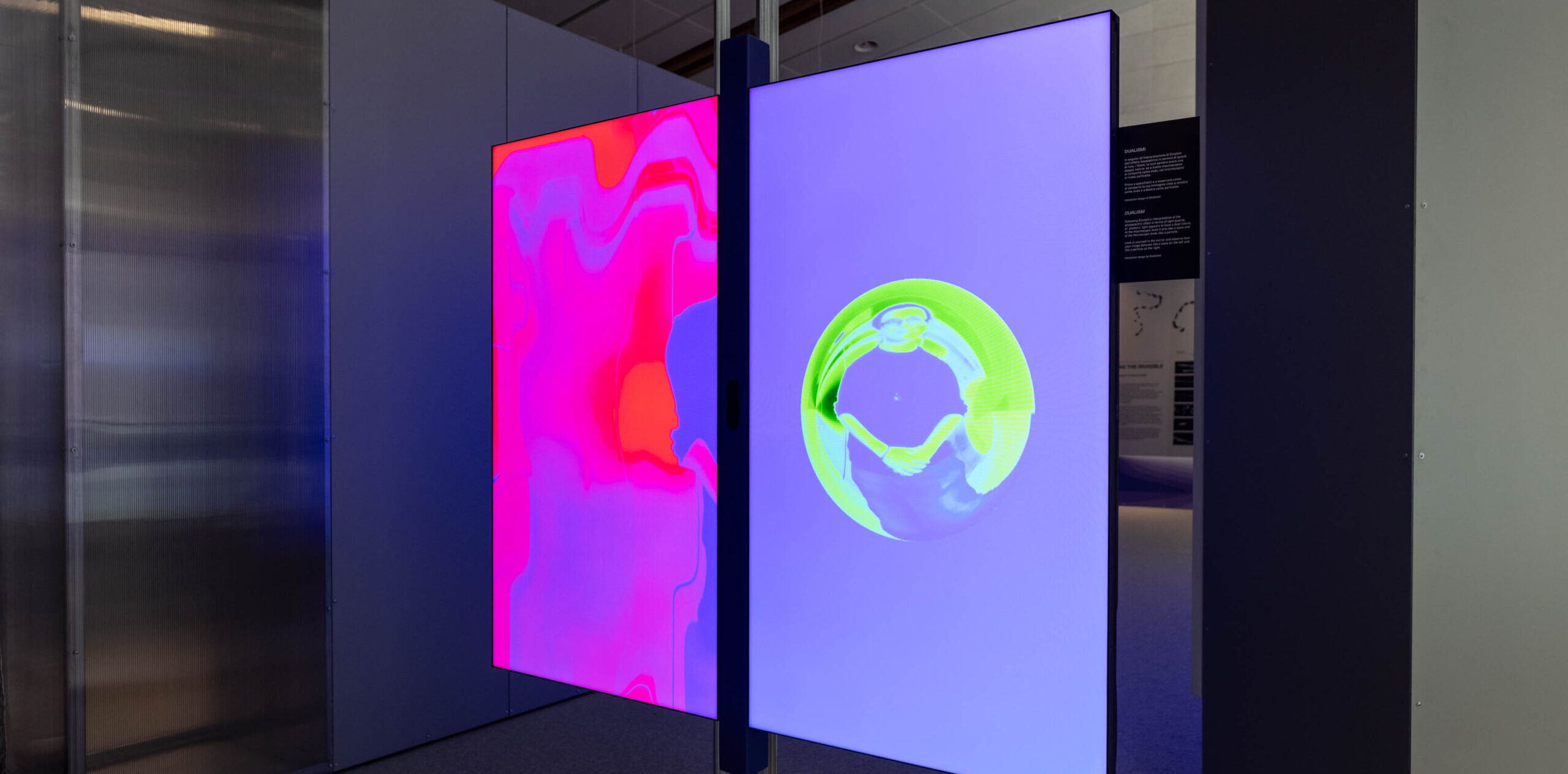Installazione sul dualismo onda particella. Due schermi mostrano l'immagine del visitatore o della visitatrice in forma di onda o di particella. Foto di Matteo de Stefano.